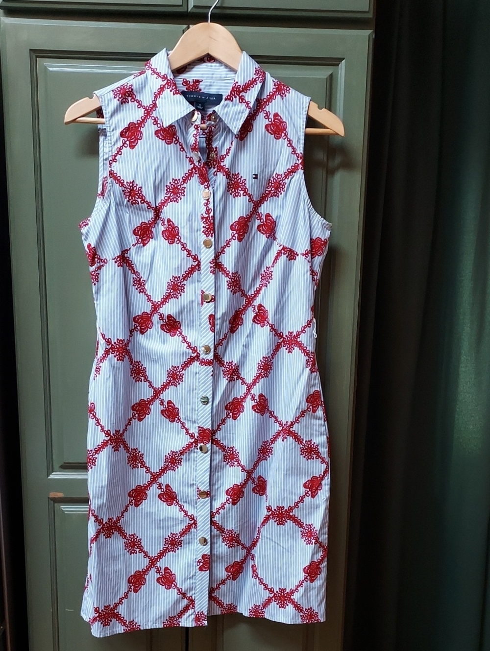 Tommy Hilfiger Blue & Red Sleeveless Button-Front Shirtdress
